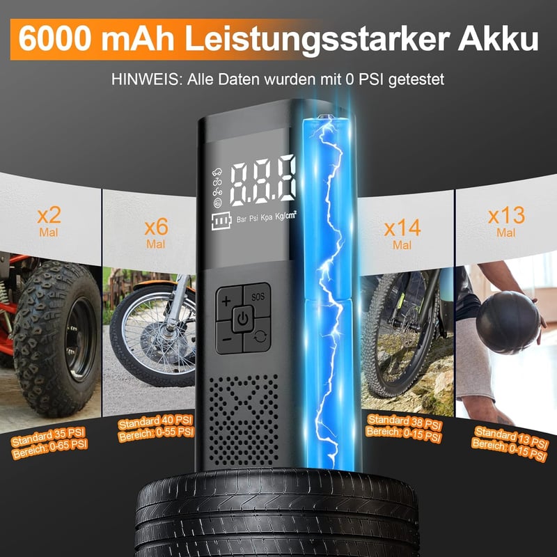 SHTALHST Elektromos Pumpa 6000 mAh Akkumulátorral - 150 PSI Kompresszor LCD Kijelzővel Kerékpárhoz, Motorhoz, Autóhoz - Zseblámpa és Powerba