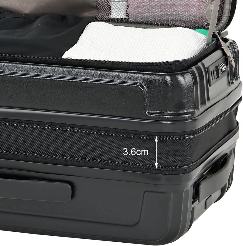 TydeCkare 20 Colos Kézipoggyász Bőrönd Laptoptartóval - Oldalsó Nyitással, Bővíthető ABS+PC Kemény Borítású Könnyű Utazótáska, Fekete