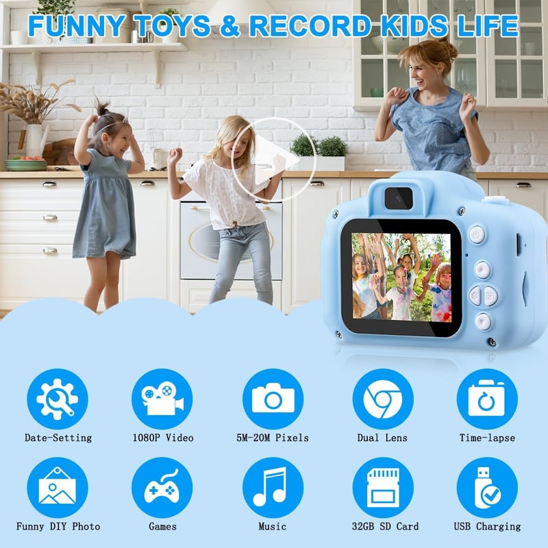 GREPRO Gyerek Fényképezőgép, 2" Kijelző, 1080P HD, Kék - Ajándék 3-9 Éves Gyerekeknek