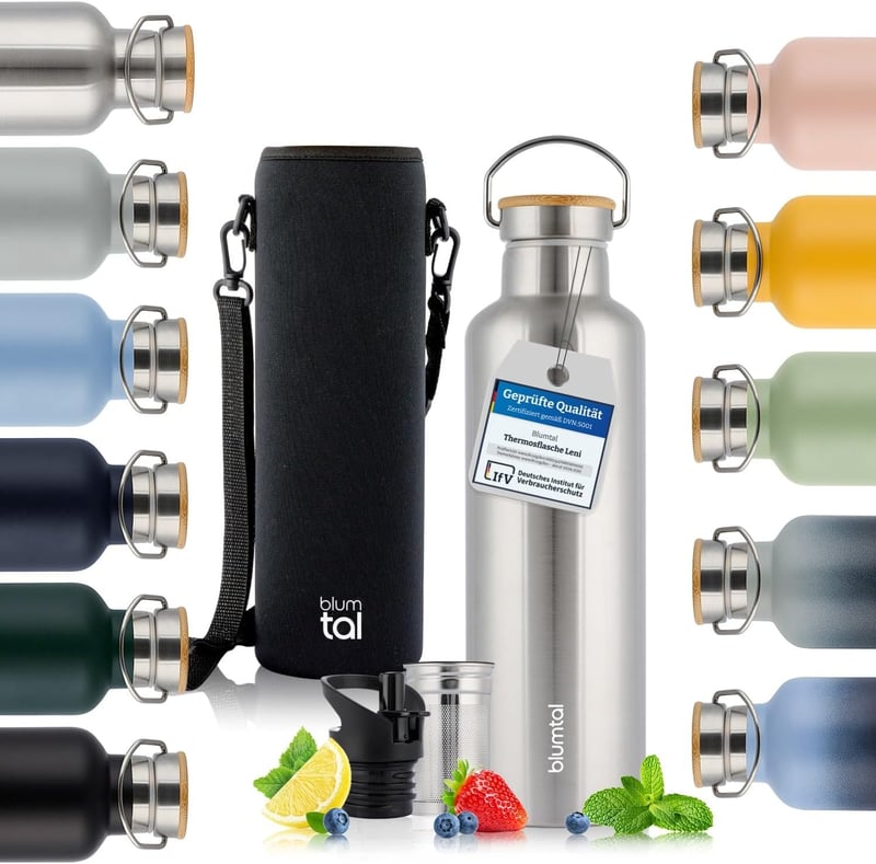Blumtal Termosz 750ml - Dupla Falú Rozsdamentes Acél Kulacs Teaszűrővel és Sportfedéllel - Hőszigetelt BPA-mentes Ivópalack Hordtáskával