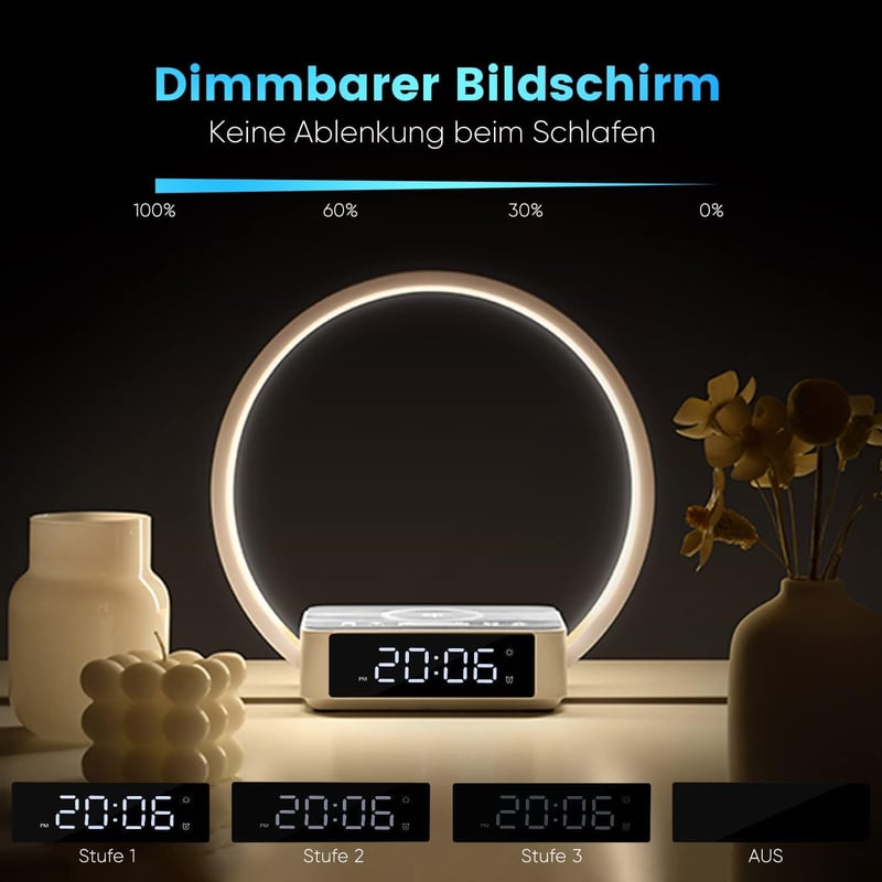 WILIT LED éjjeli lámpa 10W vezeték nélküli töltővel, ébresztő funkcióval, 3 fényerőszinttel - szürke