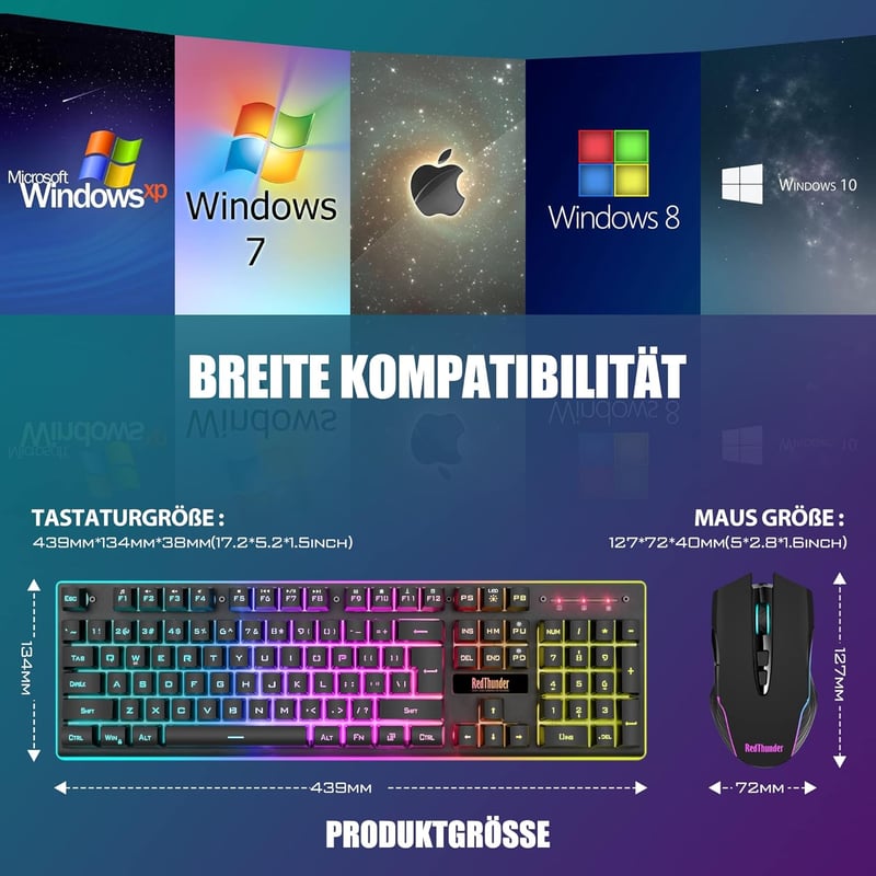 RedThunder K10 Vezeték Nélküli Gamer Billentyűzet és Egér Szett, QWERTZ Német Kiosztás, 3000 mAh Akkumulátor, 3200 DPI, RGB Háttérvilágítás - black