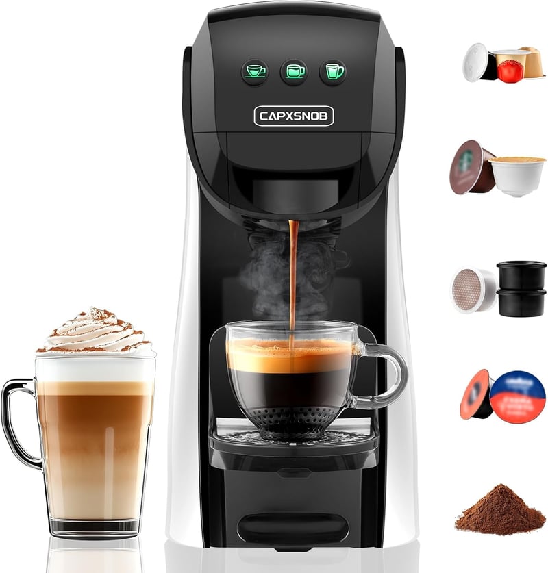 CAPXSNOB Warriors1 5 az 1-ben Kapszulás Kávéfőző - Nespresso, Dolce Gusto, Lavazza Kompatibilis, 20 Bar, 0,8L, Automata Mini Kávégép Otthonr