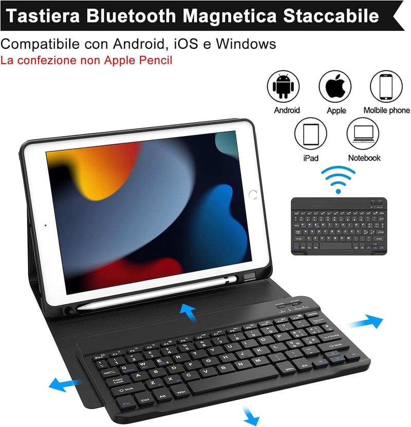 KVAGO iPad 10,2" olasz billentyűzetes tok - Bluetooth, mágneses, levehető, fekete