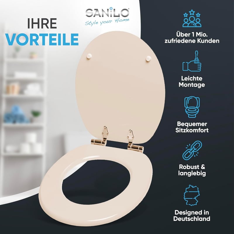 Sanilo Fa WC Ülőke Ovális Bézs Színben, Prémium Minőségű Lassú Záródású Mechanizmussal, Modern Stílusú Toalett Tető