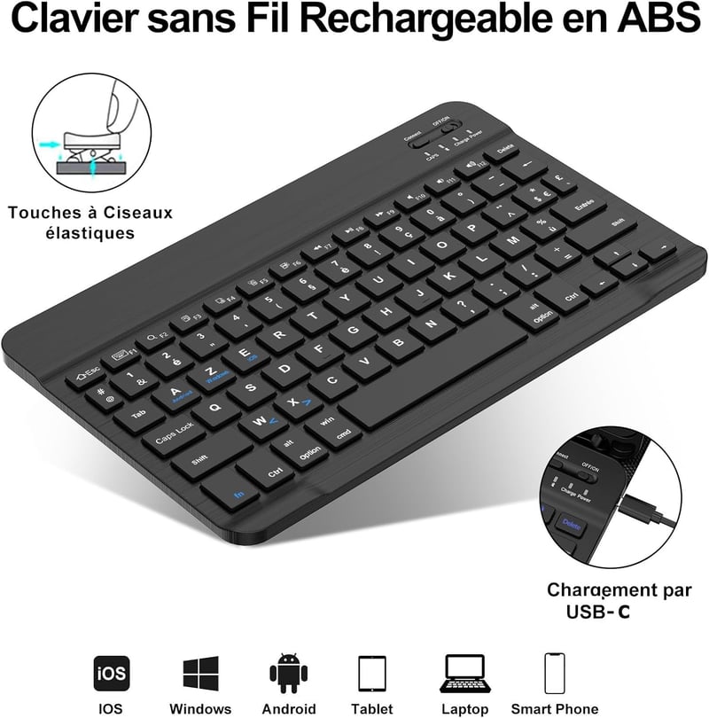 FOGARI Bluetooth Vezeték Nélküli Billentyűzet 11" - Hordozható, Újratölthető, AZERTY - Mac, iPad, iPhone, Samsung, Xiaomi, Android, Windows 
