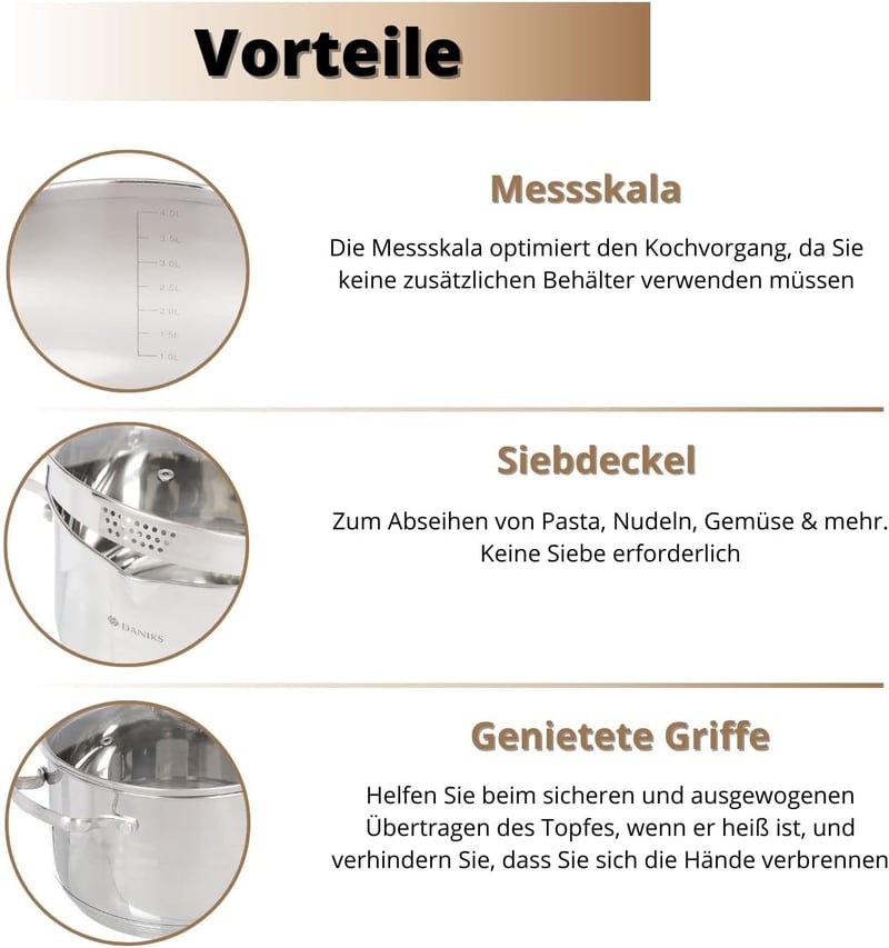 Daniks Tokio 4,26 literes rozsdamentes acél fazék polírozott felülettel, ezüst színben, 22 cm átmérővel, indukciós főzőlapra