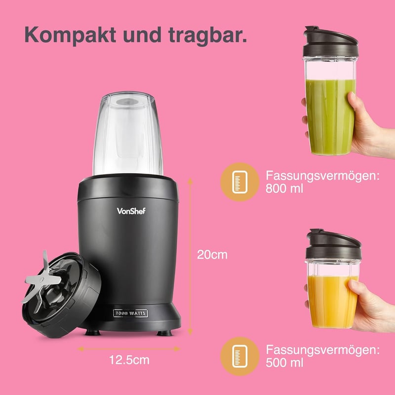 VonShef Személyi Turmixgép 1000W - Multifunkciós Smoothie Készítő Gyümölcsökhöz, Zöldségekhez, Jégzúzásra - 800ml és 500ml Hordozható Pohara