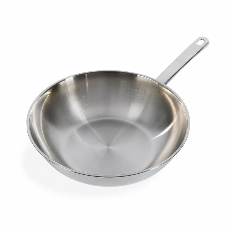 Nerezová wok panvica BK Bright, 28 cm, 3-vrstvová, indukčná, leštená oceľ — poškriabaná, chybná, na náhradné diely (stav: pozri 2. obrázok)