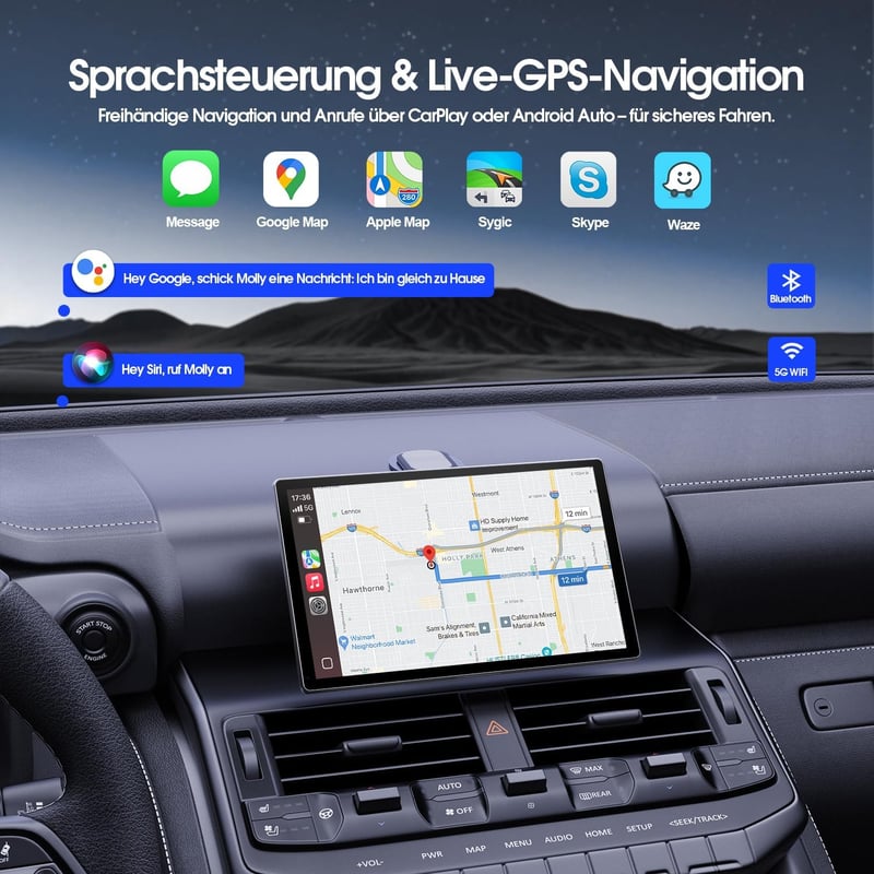 Avylet 9" Vezeték Nélküli CarPlay Kijelző - Apple CarPlay & Android Auto Támogatás, Mágneses Tartó, GPS Navigáció, IP67 Tolatókamera, Blueto