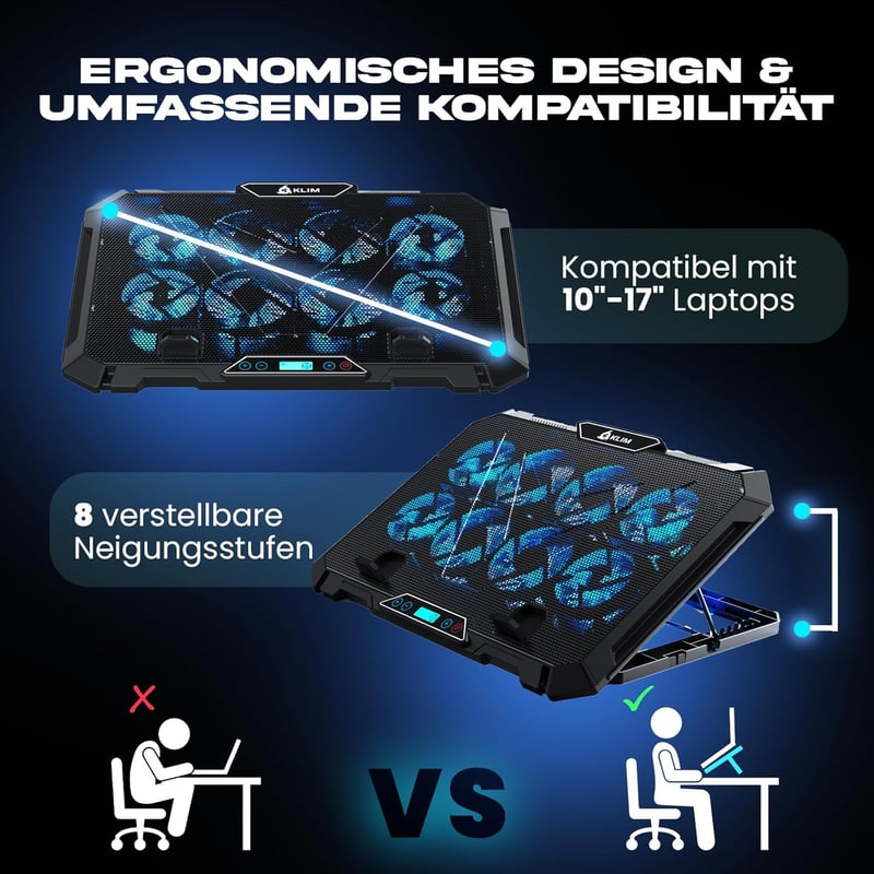 KLIM V8 Gamer Laptop Hűtőpad 8 Ventilátorral - RGB Világítás - 17 Colos Laptopokhoz - 2 USB Port - Telefontartó - Állítható Szög