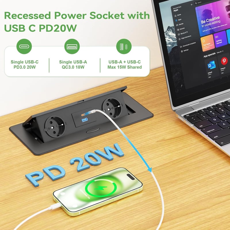 HANNELORE Süllyeszthető Alumínium Asztali Elosztó 2 Aljzattal, USB-C PD 20W és USB-A Gyorstöltővel, 1,8m Kábel, Munkalapba Építhető, Fekete