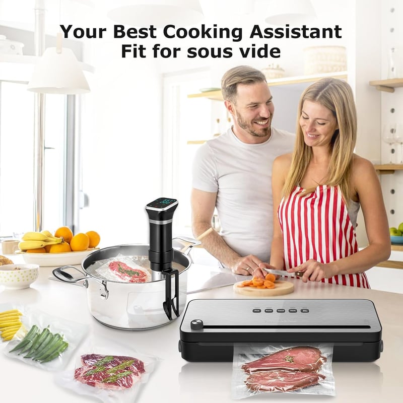 Bonsenkitchen VS3802 Fekete Vákuumfóliázó Gép Sous Vide-hoz, Vágóval és Kiegészítőkkel