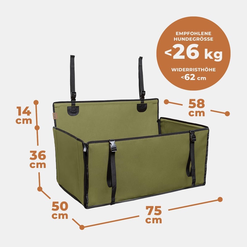 WUGLO Extra Stabil Kutya Autóülés - Vízálló Autós Ülés Kis és Közepes Kutyáknak 4 Rögzítő Hevederrel - L Méret Khaki