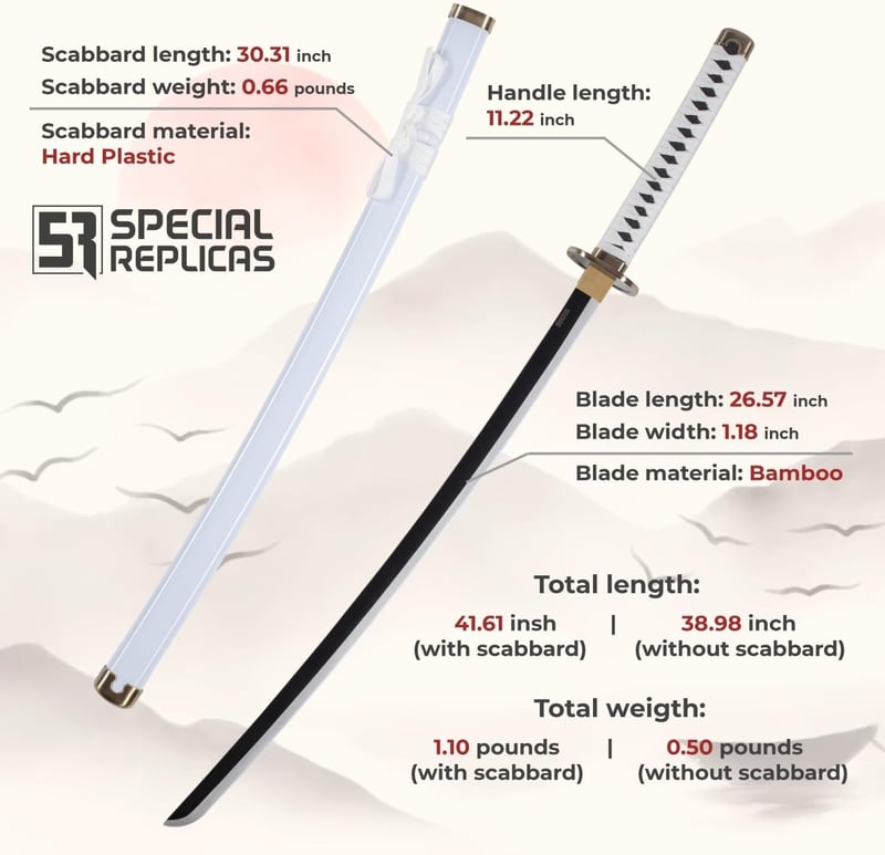 57 SPECIAL REPLICAS Roronoa Zoro Anime Katana Szett - One Piece Cosplay Bambusz Kard 105 cm, 3 db Katana Állvánnyal, Biztonságos Dekoráció