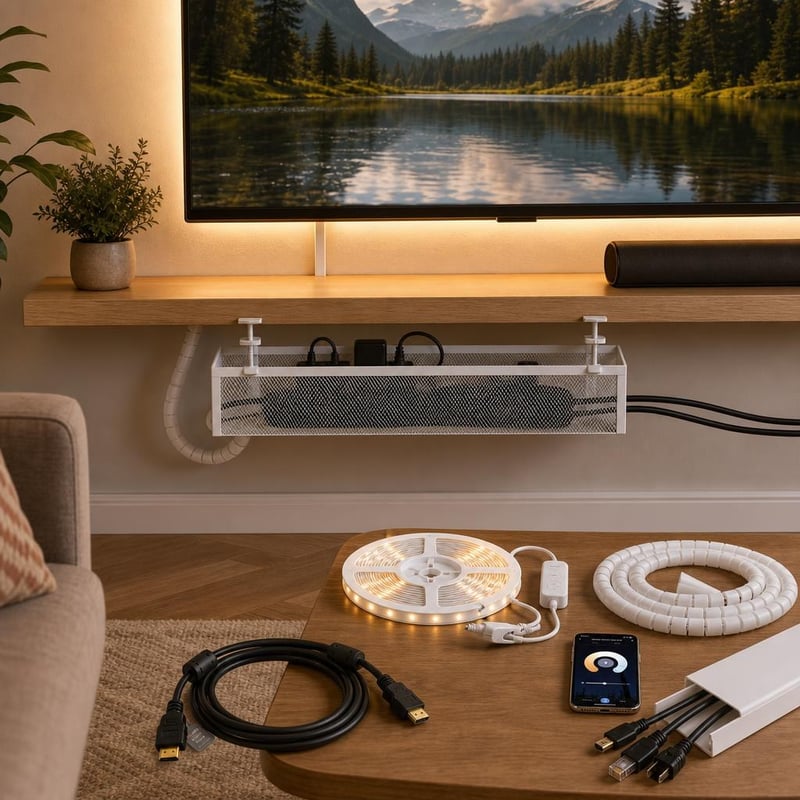 Rendrakó kommandó: 5 m HDMI kábel + asztal alatti tálca + kábelcsatorna + spirálrendező + 6 m okos LED szalag