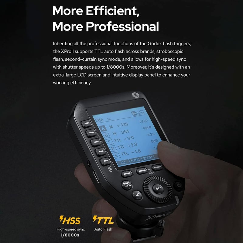 Godox XPROII-S Vezeték Nélküli Vaku Kioldó Sony Kamerákhoz - 2.4G TTL Autoflash, 1/8000s HSS, 32 Csatorna, App Vezérlés, Nagy LCD Kijelző
