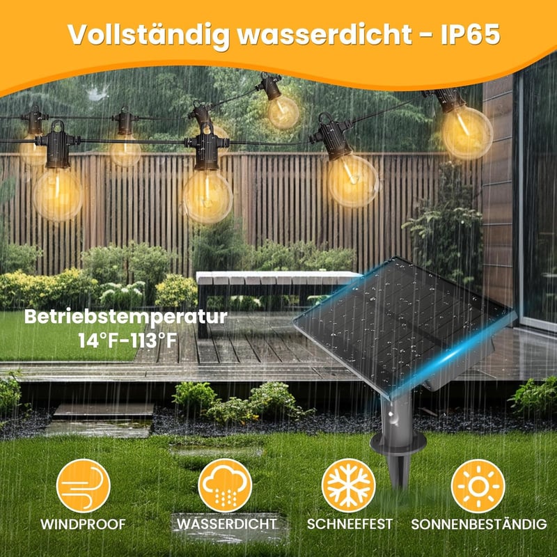 ZOTOYI 15m napelemes LED fényfüzér 20+2 G40 izzóval IP65 vízálló 4 mód meleg fehér
