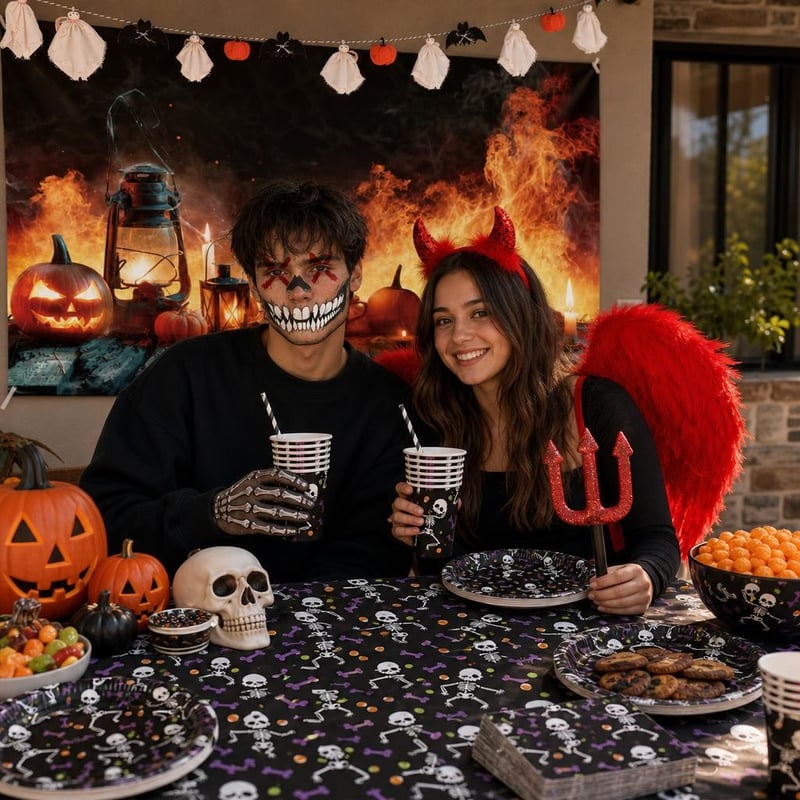 Halloween party set: 12x tetovaže + banner + girlanda + set vraga + 97-dijelni set posuđa