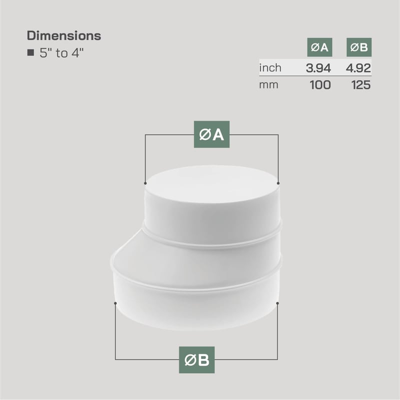 Vent Systems Szellőzőcső Szűkítő Adapter 125-100 mm - Fehér ABS Műanyag Csatlakozó HVAC Rendszerekhez, Könnyen Szerelhető Légcsatorna Átalak
