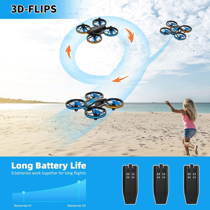 TEEROK T20 Mini Drón Gyerekeknek - RC Quadrocopter 3 Akkumulátorral, Magasságtartással, Fejnélküli Móddal, 3D Flip Funkcióval - Távirányítós