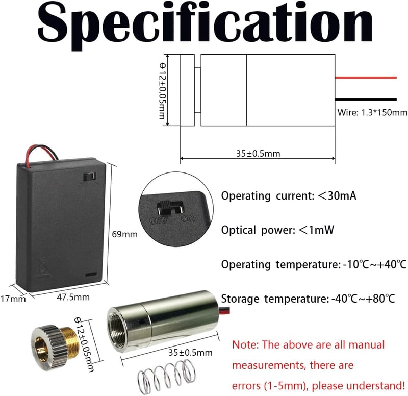CTRICALVER 650 nm Piros Vonal Lézer Modul Fém Házzal - 3-5V DC Működésű Dióda Műanyag Lencsével és AA Elemtartóval - 1pcs *rote* linie, Black, lasers, Metal