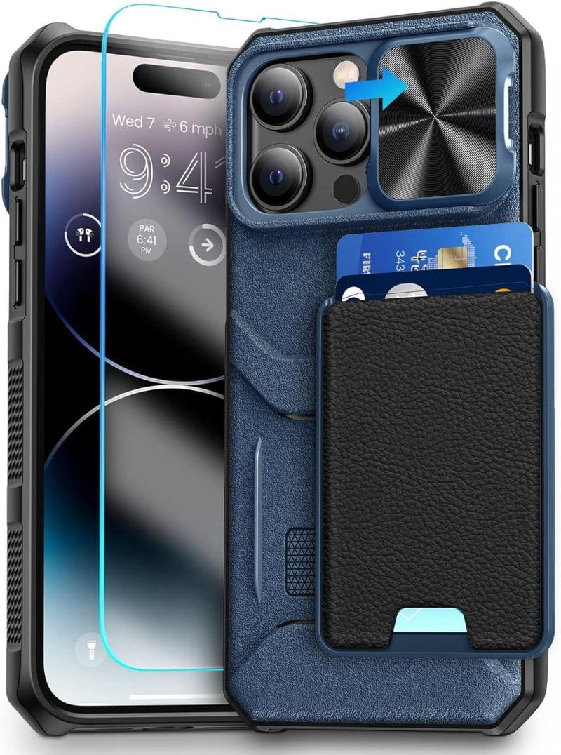 iPhone 14 Pro Védőtok Fóliával, Kártyatartóval, Kameravédővel - Sötétkék