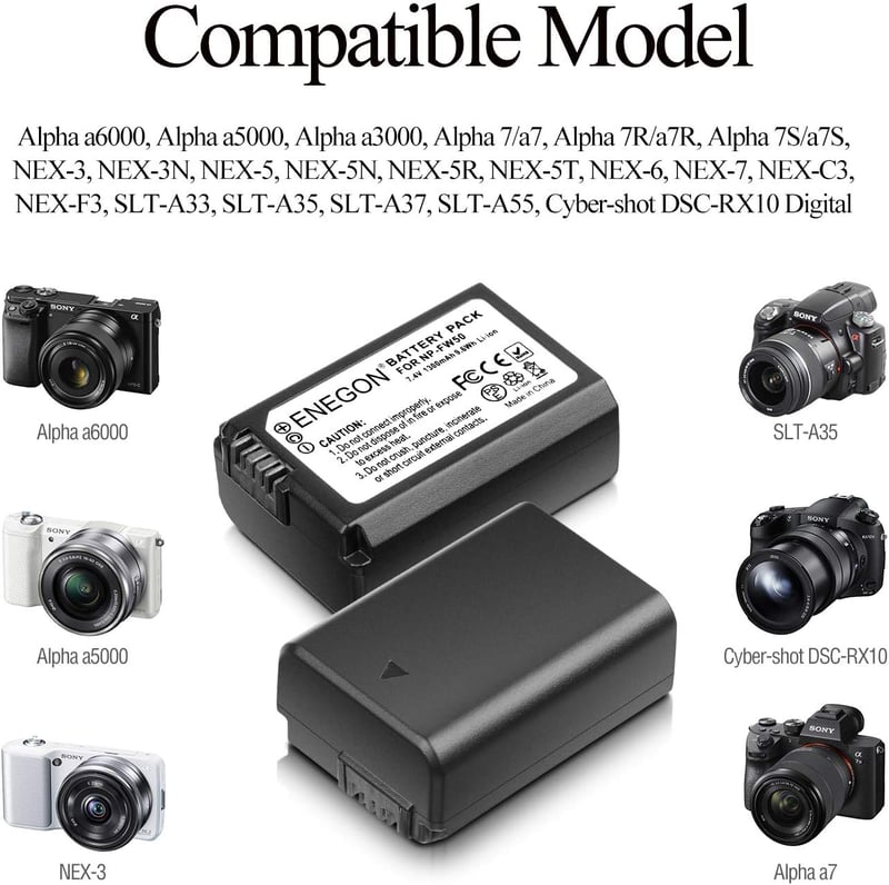 Sony NP-FW50 akkumulátor szett, 2db 1300mAh + USB töltő, A6000/A7/RX10 sorozathoz