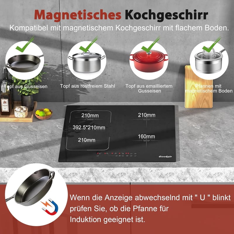 Cooksir 60 cm-es Indukciós Főzőlap 4 Zónával - Rugalmas Kombinált Felülettel, 3500W Teljesítmény, Üvegkerámia, Önálló Beépíthető