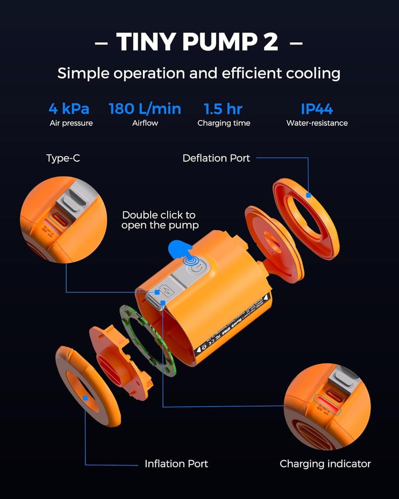 FLEXTAILGEAR Tiny Pump 2.0 - Hordozható USB-C Elektromos Légpumpa Matracokhoz, 4kPa