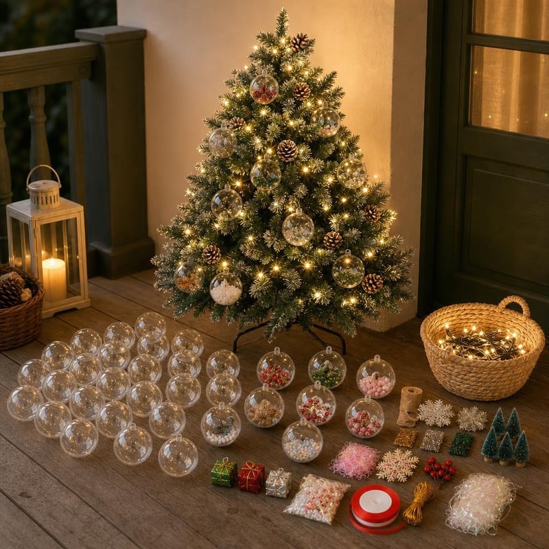 Skandinavski božićni set: 120 cm snježni bor + 25 kuglica + 10 m tople LED lampice