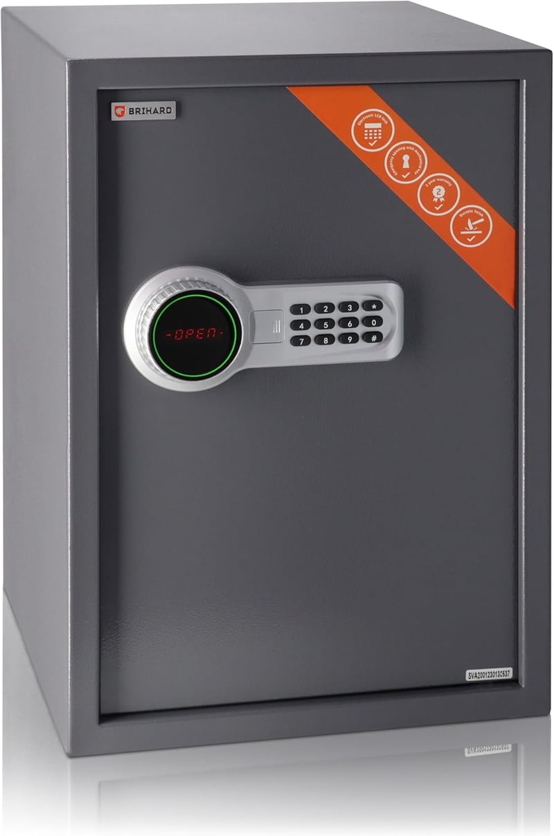 Brihard Business XL EL Széf Elektronikus Zárral - 50x35x36cm Titán Szürke Acél Páncélszekrény Fali/Padló Rögzítéssel, LED Kijelzővel, Vészny