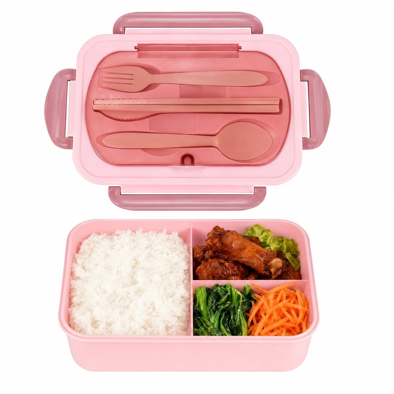 Bento box ZYETGH s priehradkami a taškou, ružová súprava desiatového boxu, 1250 ml, raňajky a — bez tašky (stav: pozri 2. obrázok)