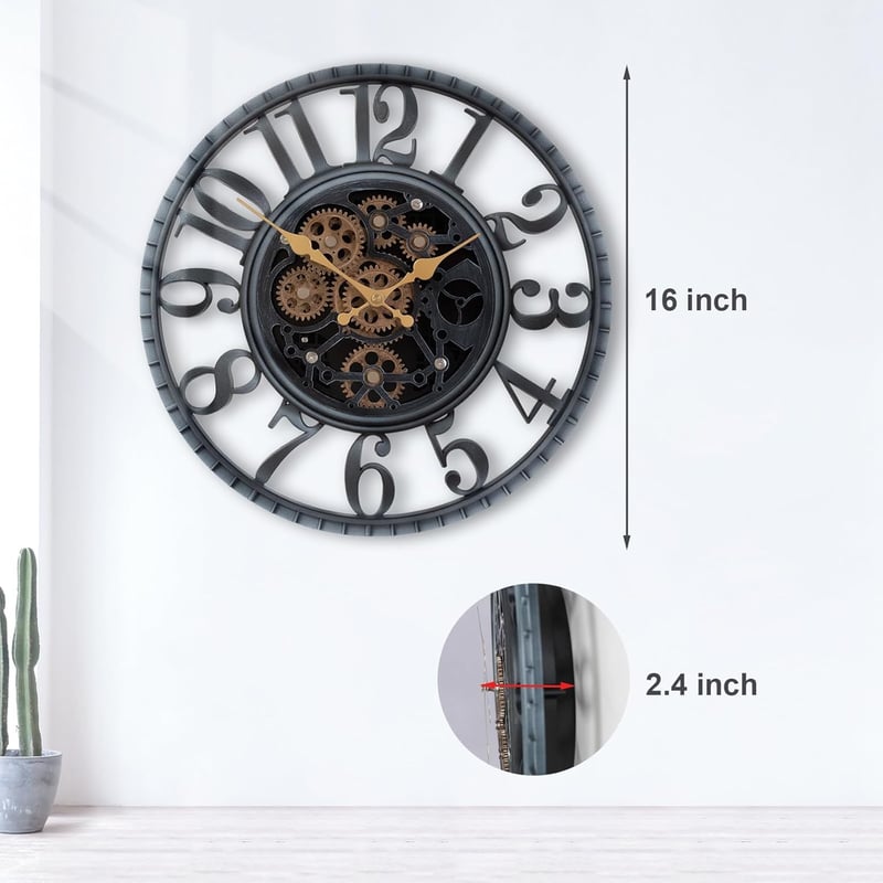 eYotto 40 cm Vintage Fali Óra Mozgatható Fogaskerekekkel - Ipari Steampunk Stílusú Fémóra Arab Számokkal, Csendes Szerkezettel Konyhába, Nap