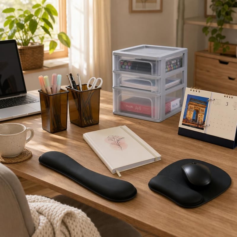 Balík pre produktívny stôl: 2x stojan na perá + zásuvkový organizér + zápisník + opierka + kalendár