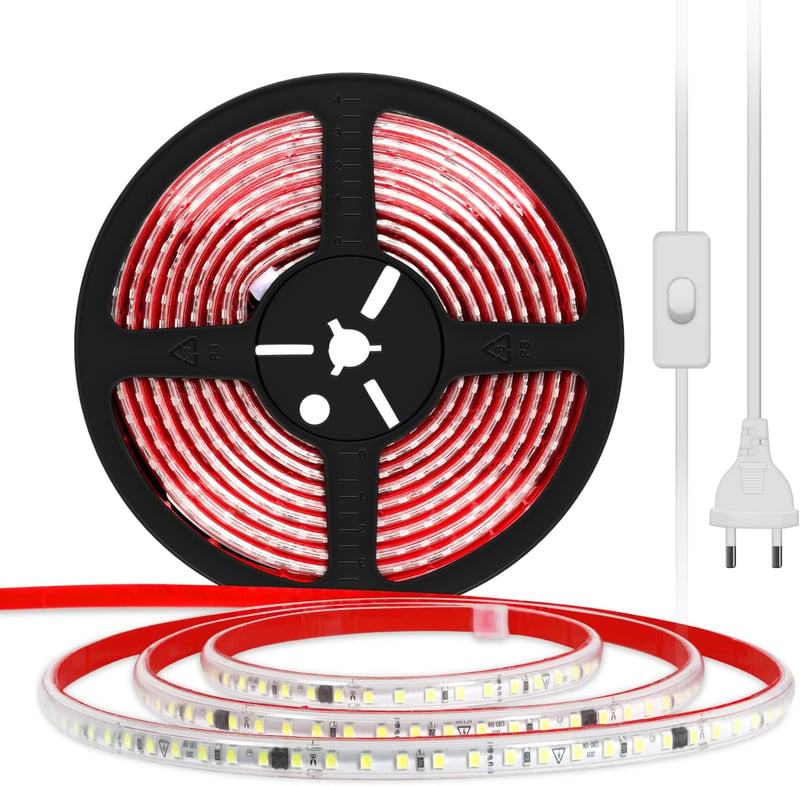 pcning LED Szalag 10m - 230V Fehér Kültéri Világítás, IP67 Vízálló, Öntapadós, Kapcsolóval, Nagy Fényerejű, Közvetlen Csatlakozású Dekoráció