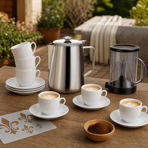 Latte set za kavu: 600 ml vrč za mlijeko + 6 porculanskih šalica + metalna šablona + dozator kave