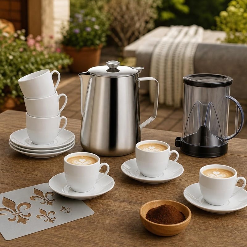 Lattevarázs kávécsomag: 600 ml tejkiöntő + 6 db porceláncsésze + fém kávésablon + kávéadagoló