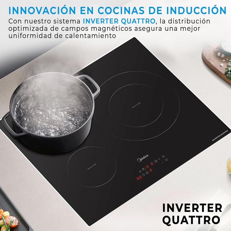 Midea MIH720T239K Indukciós Főzőlap 3 Főzőzónával - Fekete Üveg, 7200W, Elektronikus Vezérlés, Beépíthető Kivitel