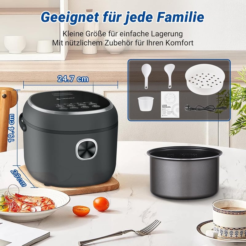 AMZCHEF 2L Multifunkciós Rizsfőző 7 Főzési Programmal - 400W Elektromos Konyhai Készülék Melegen Tartás Funkcióval, Időzítővel és Hordozó Fo