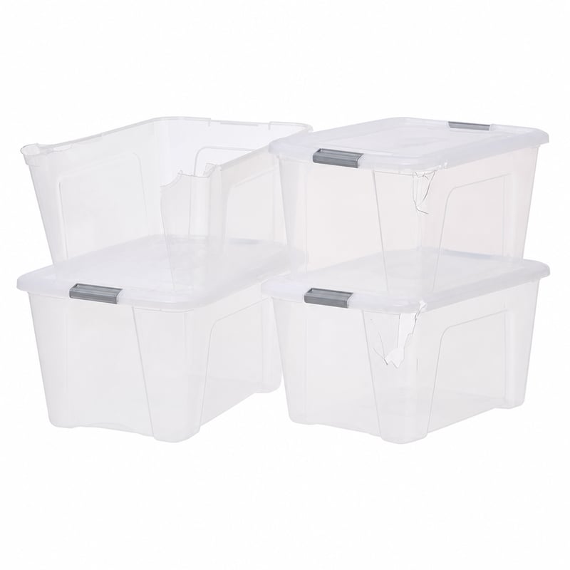 Cutie de depozitare Iris Ohyama NTB-45 cu capac 45L, 4 bucăți, argintiu, stivuibilă — defect, parțial funcțional: 3 capace deteriorate (stare: vezi a 2-a imagine)