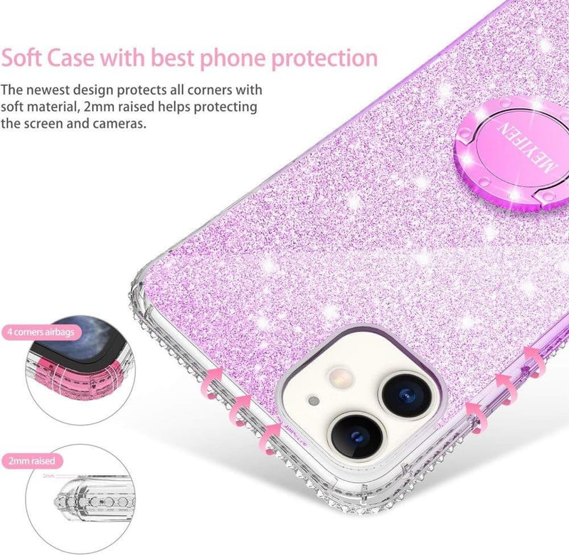 iPhone 12 Mini Lila Glitteres Gyűrűs Tok - Csillogó Lányos Szilikon Védőtok