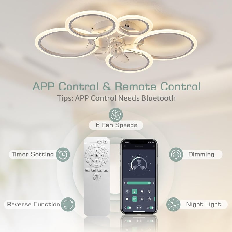 KSIBNW LED Mennyezeti Lámpa Ventilátorral - 70W Dimmelhető Fehér Lámpatest, Távirányítóval és Applikációval, 6 Sebességű Modern Ventilátor N