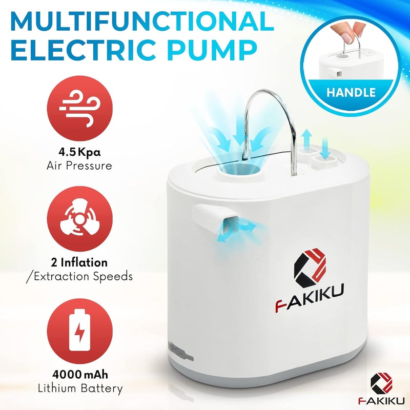 Fakiku Elektromos Levegőpumpa 6-in-1 - Hordozható Akkumulátoros Pumpa Matracokhoz, Úszógumikhoz, Vákuumzsákokhoz - 4000mAh, 240 l/min