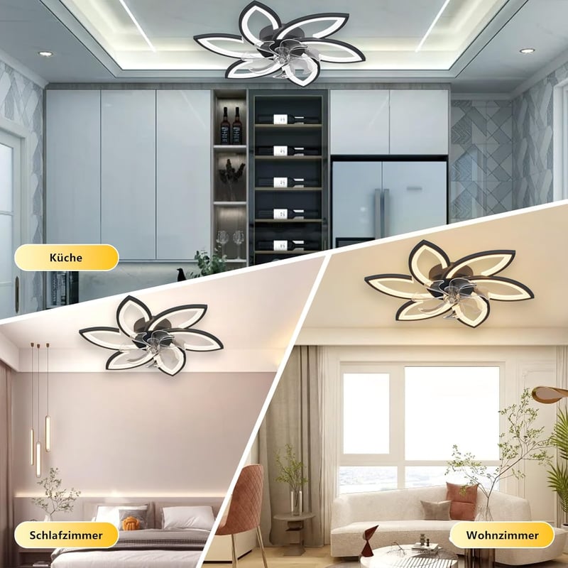 Revneey LED Mennyezeti Ventilátor Lámpával - 66W Szabályozható Fényerő, 3000-6000K, 6 Fejes, Csendes, Fekete, Távirányítós, Nappali és Hálós