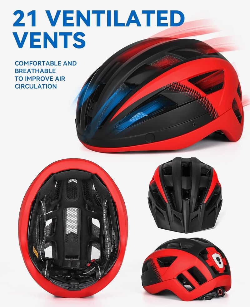 FUNWICT kerékpáros sisak napellenzővel, LED világítással és mágneses szemüvegtartóval - M: 54-58 cm, black red