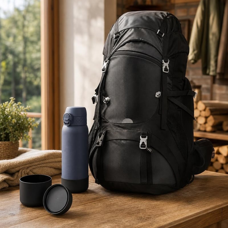 Turistický set: silikónový chránič + nerezová fľaša + 50L batoh s pláštenkou + 1x chránič, 1x fľaša, 1x batoh