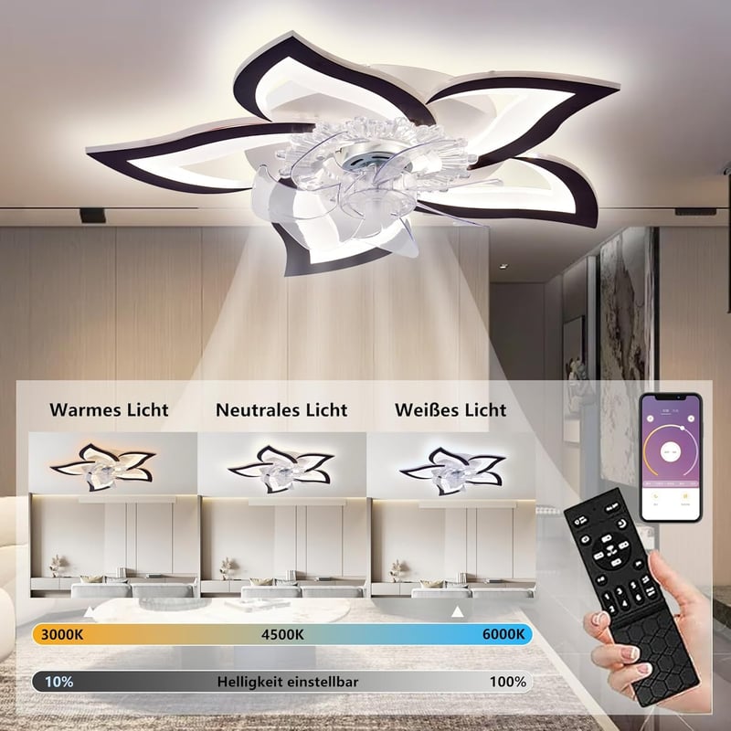 MiiR Virág Alakú LED Mennyezeti Ventilátor Lámpa - 50W Fekete Távirányítós Csillár 5 Fényforrással, Applikációval Szabályozható, Nappali és  - 69 cm, Black