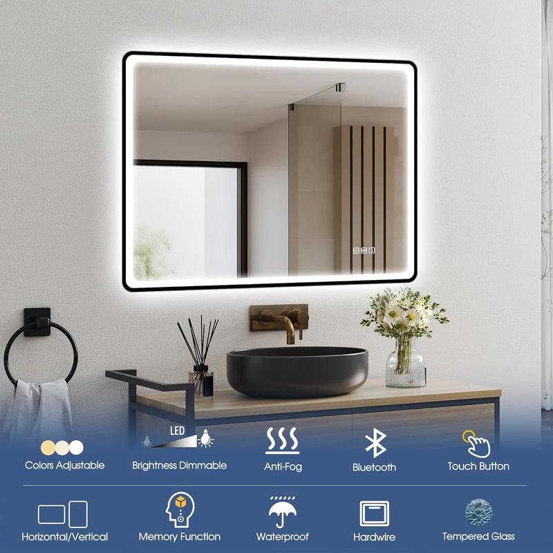 STARLEAD Fürdőszobai Tükör Szabályozható LED Világítással, 3 Színhőmérséklet, Páramentesítő, Bluetooth Hangszóró, Edzett Üveg, 80x60 cm, Fek