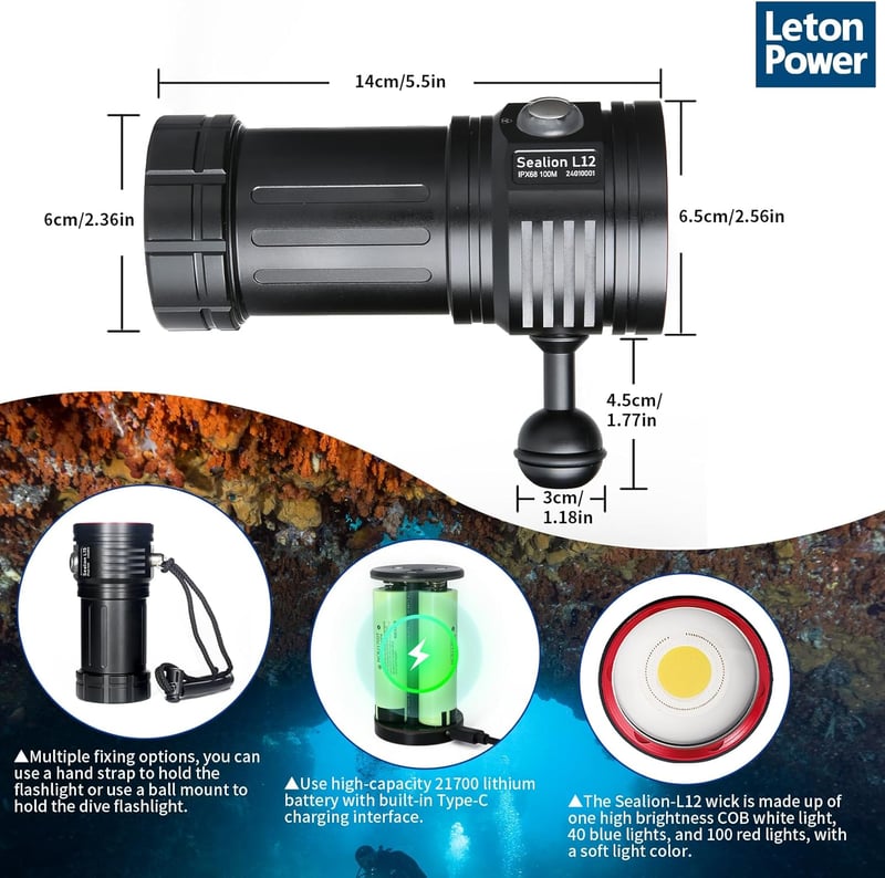 LetonPower Sealion L12 Búvárlámpa 18000 Lumen 100m Vízálló Merülő Fényforrás Víz Alatti Videózáshoz 3 Lítium Elemmel